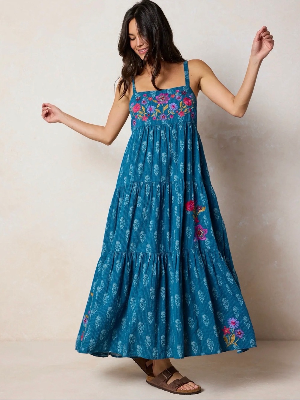 🔘NATURAL LIFE “PATRICIA”Teal Maxi Dress with Floral Embroidery